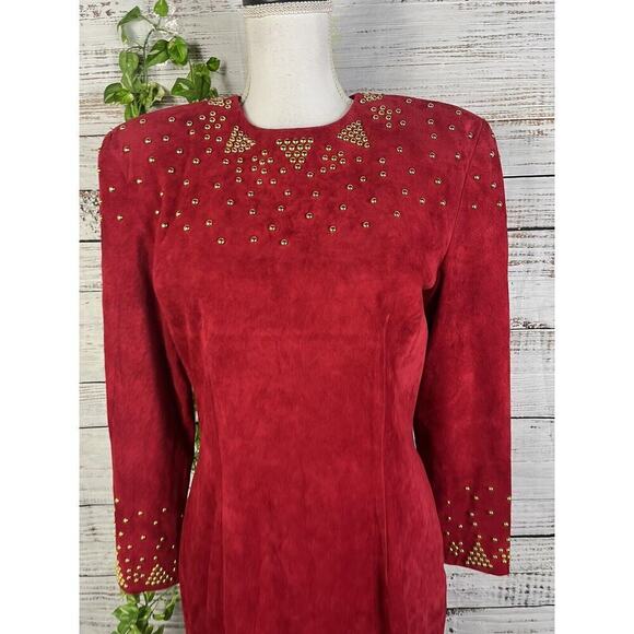 Pia Rucci Vintage Red Leather Dress size 12 Gold Studs 80's Dynasty Christmas - Picture 6 of 16